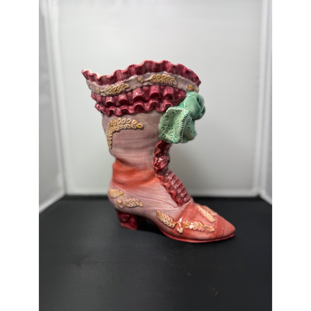 Victorian ceramic Boot Vase Pink Floral‎ Planter Home Decor 8" tall